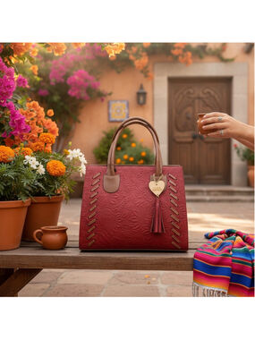 Sunflower Red Wine Brown Stitched Embossed Tooled Artisan LEATHER Purse Handbag